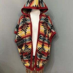 AMERICAN EAGLE Hooded Southwest Sleeveless Open Cardigan Fringe Trim XS Boho